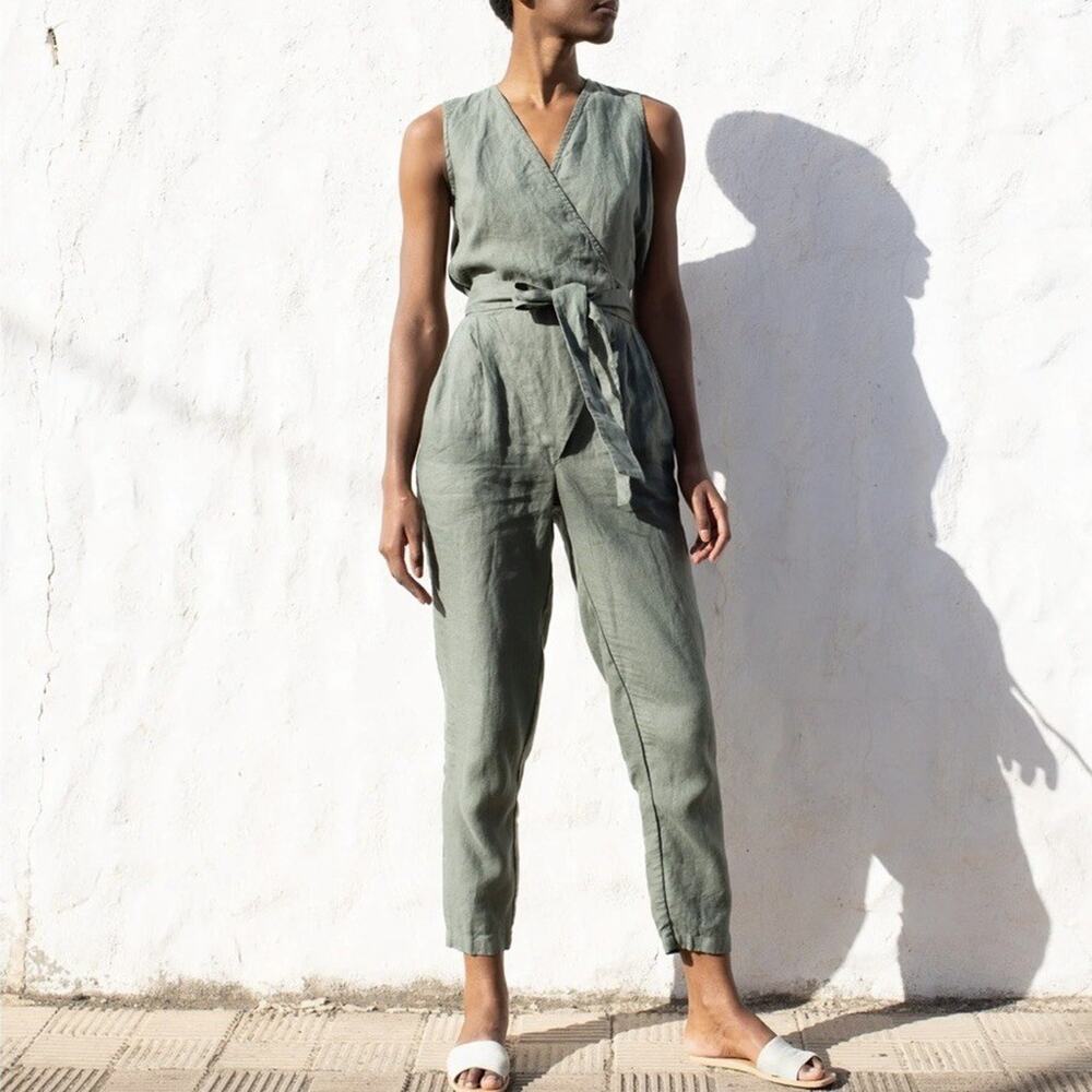 Not Perfect Linen Margaret Wrap Jumpsuit Green Size XXL